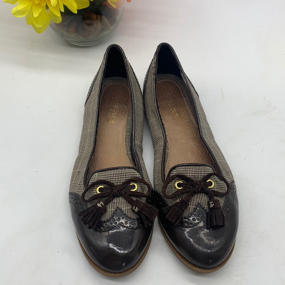 Sperry Brown Patent Wing Tip Plaid Flat Size 7.5. BSN3739